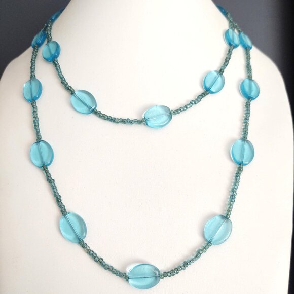 Jewelry - Long single strand blue seed bead and glass bead necklace